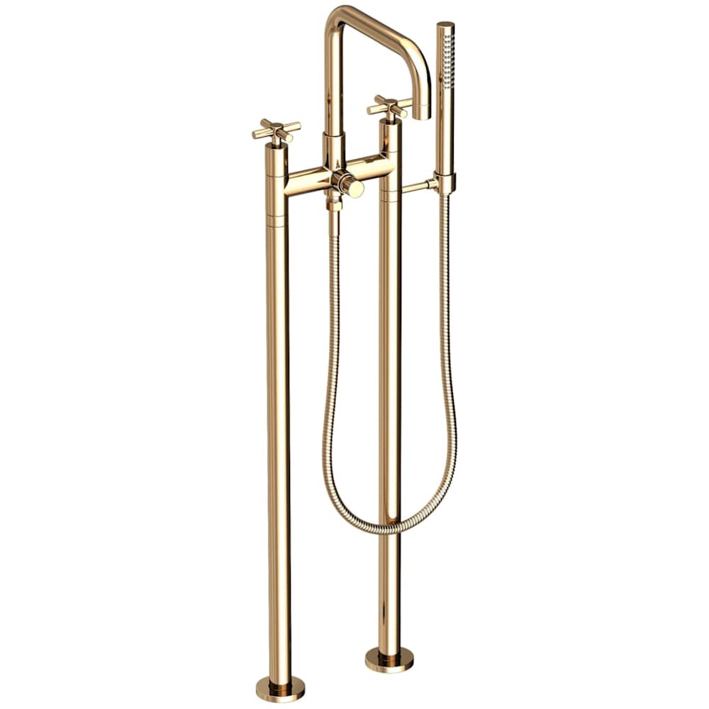 East Square Floor Mounted Tub Filler with Cross Handles and Built-In Diverter - Includes Hand Shower