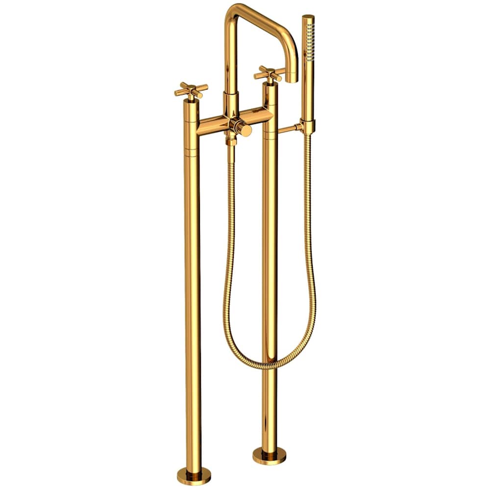 East Square Floor Mounted Tub Filler with Cross Handles and Built-In Diverter - Includes Hand Shower
