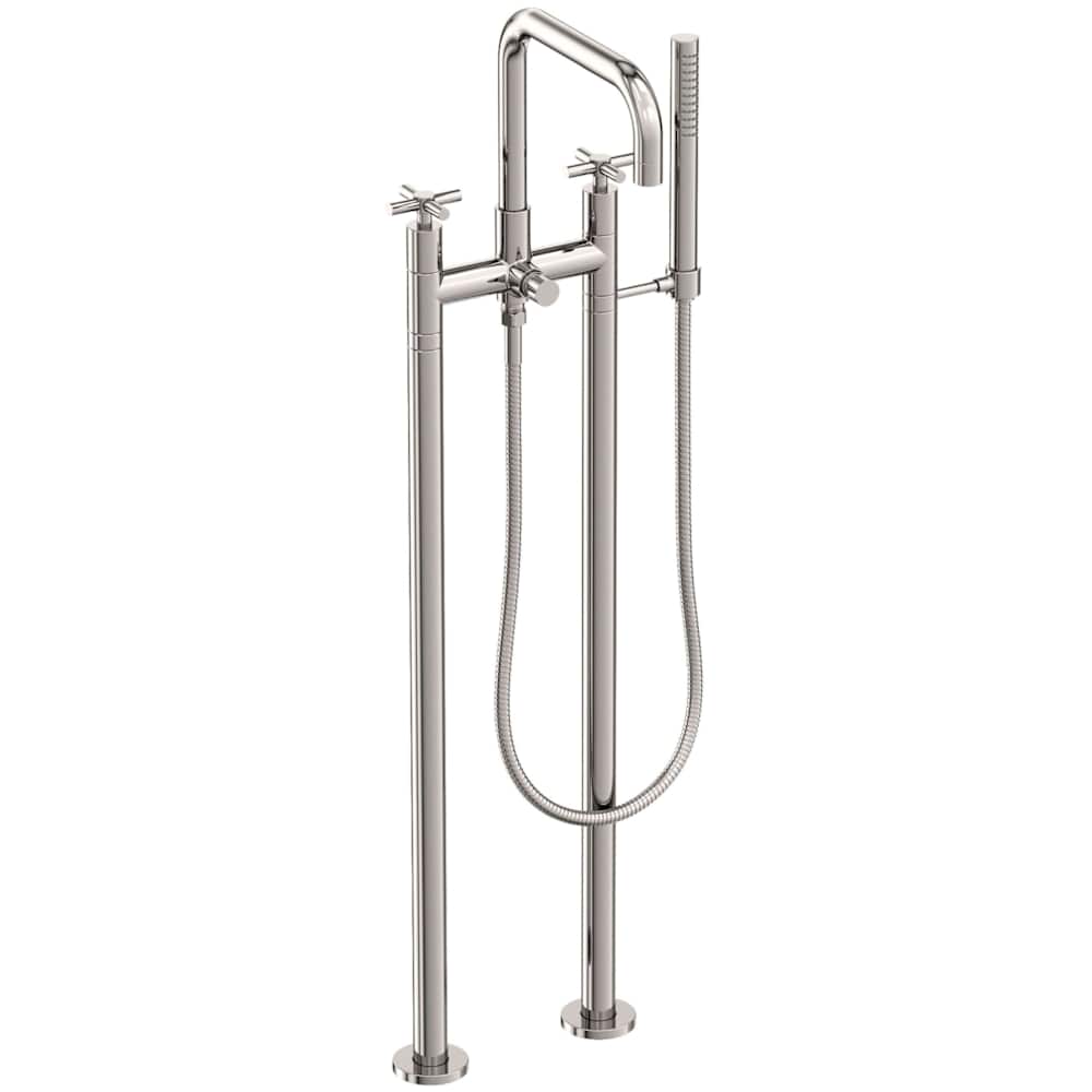East Square Floor Mounted Tub Filler with Cross Handles and Built-In Diverter - Includes Hand Shower