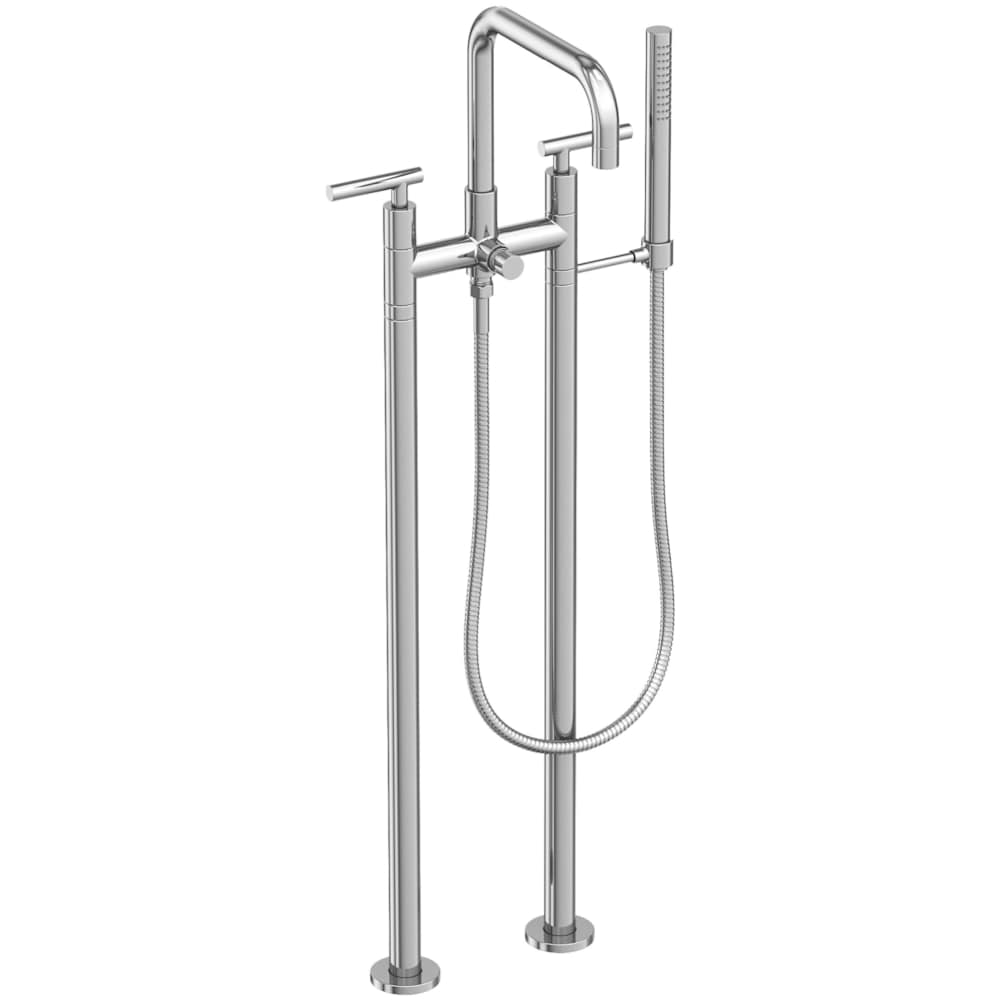 East Square Floor Mounted Tub Filler with Lever Handles and Built-In Diverter - Includes Hand Shower