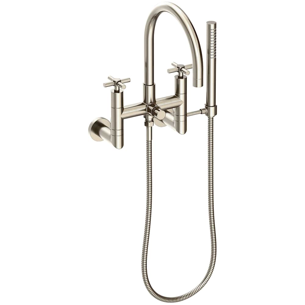 East Linear Wall Mounted Tub Filler with Cross Handles and Built-In Diverter - Includes Hand Shower