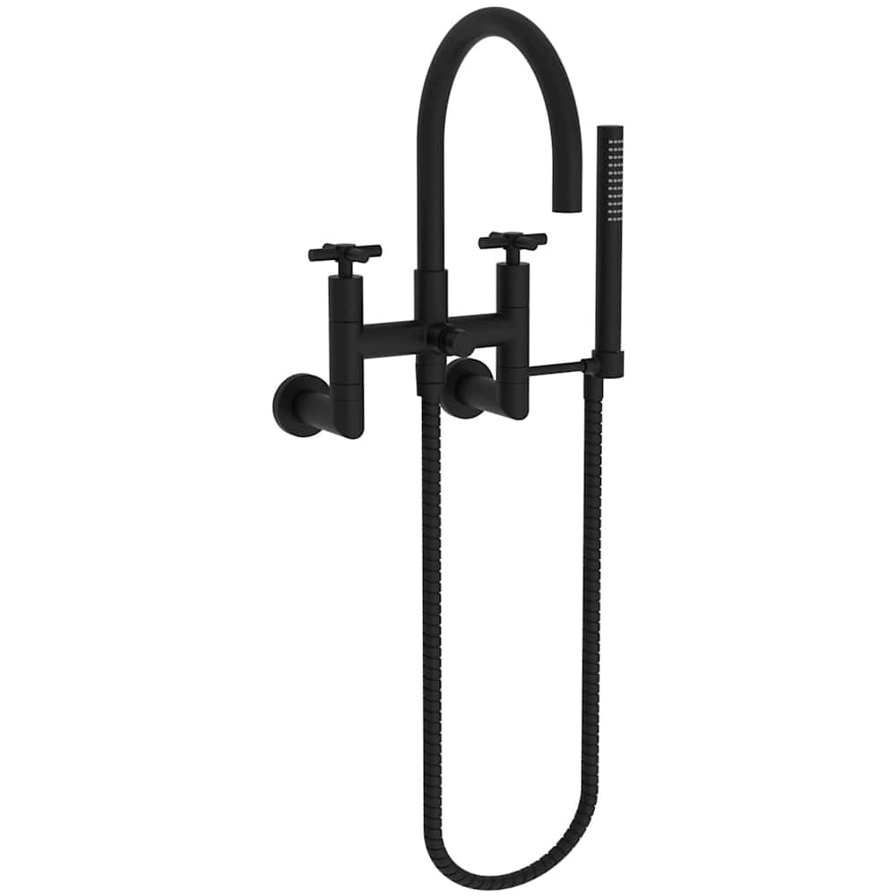 East Linear Wall Mounted Tub Filler with Cross Handles and Built-In Diverter - Includes Hand Shower