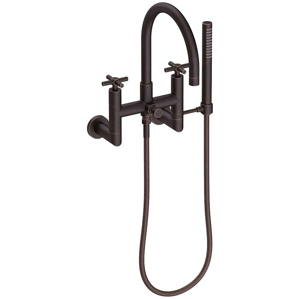 East Linear Wall Mounted Tub Filler with Cross Handles and Built-In Diverter - Includes Hand Shower