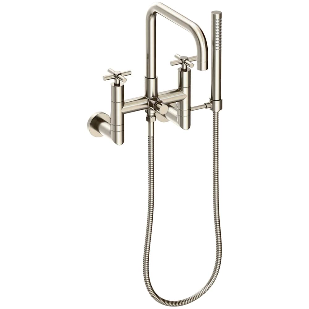 East Square Wall Mounted Tub Filler with Cross Handles and Built-In Diverter - Includes Hand Shower