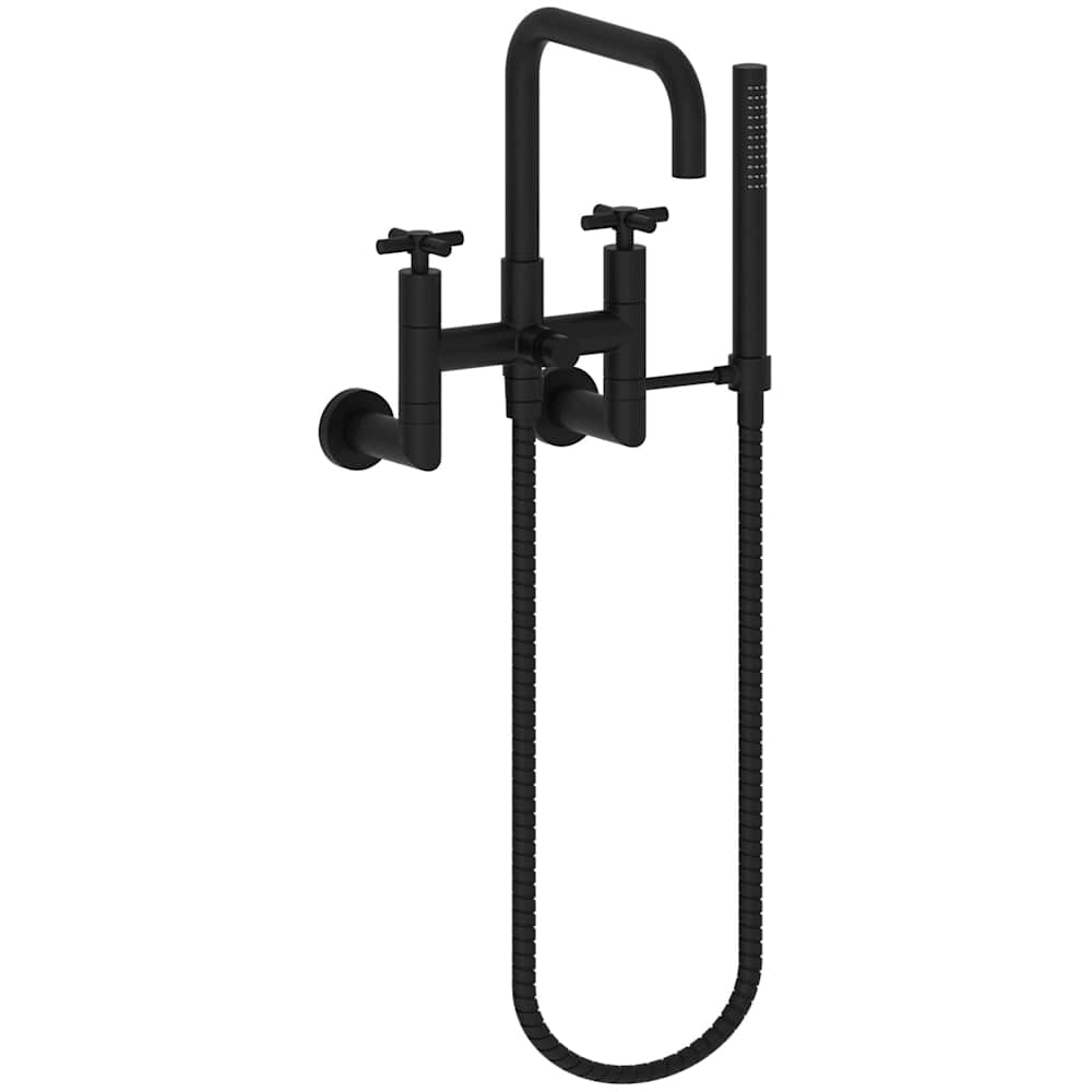 East Square Wall Mounted Tub Filler with Cross Handles and Built-In Diverter - Includes Hand Shower