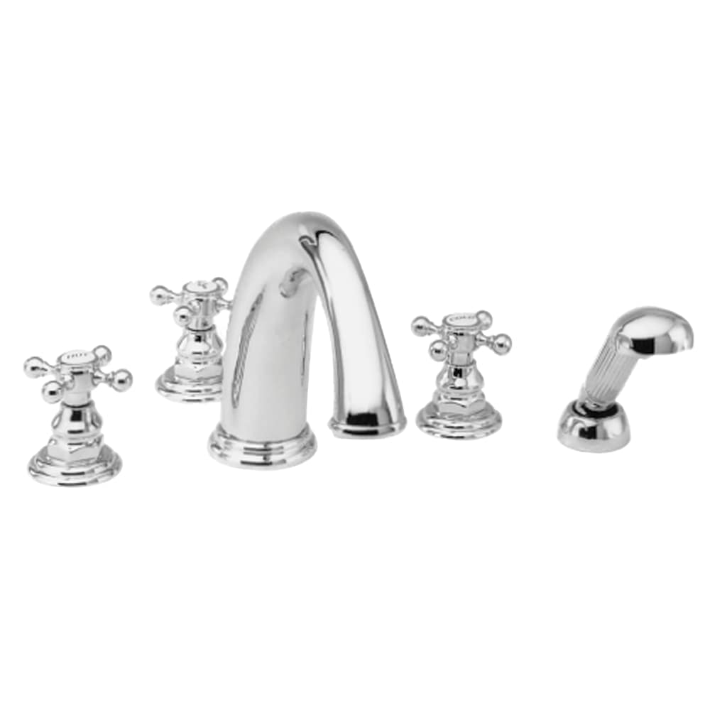 Alveston Triple Handle Deck Mounted Roman Tub Filler with Handshower and Metal Cross Handles