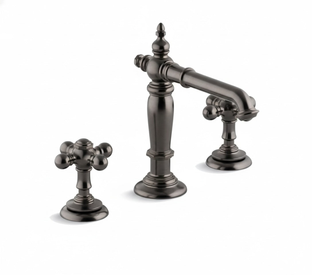 Artifacts Widespread Bathroom Faucet with Column Spout and Cross Handles - Includes Metal Pop-Up Drain Assembly