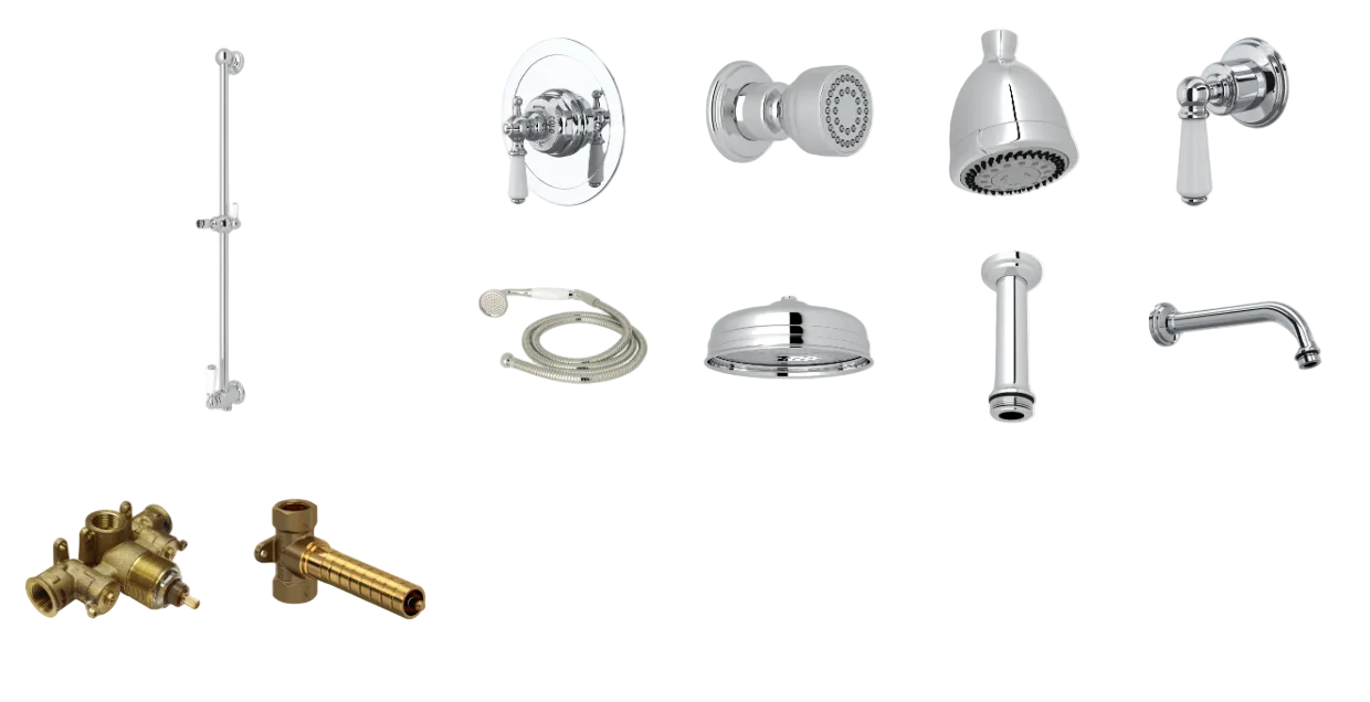 Edwardian Thermostatic Shower System with Shower Head, Hand Shower, Slide Bar, Bodysprays, Shower Arm, Hose, and Valve Trim
