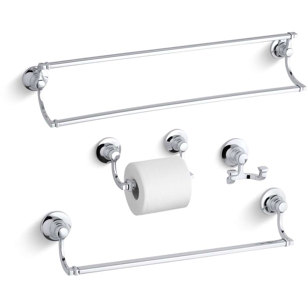 Bancroft 24" Double Towel Bar, 18" Towel Bar, Tissue Holder and Robe Hook