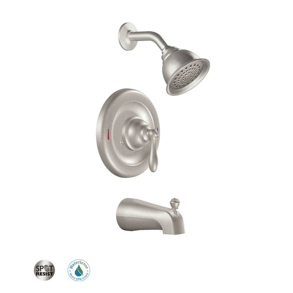 Moen Posi-Temp Pressure Balanced Tub and Shower Trim with 1.75 GPM Shower Head and Tub Spout from the Caldwell Collection (Valve Included) Spot Resist Brushed Nickel