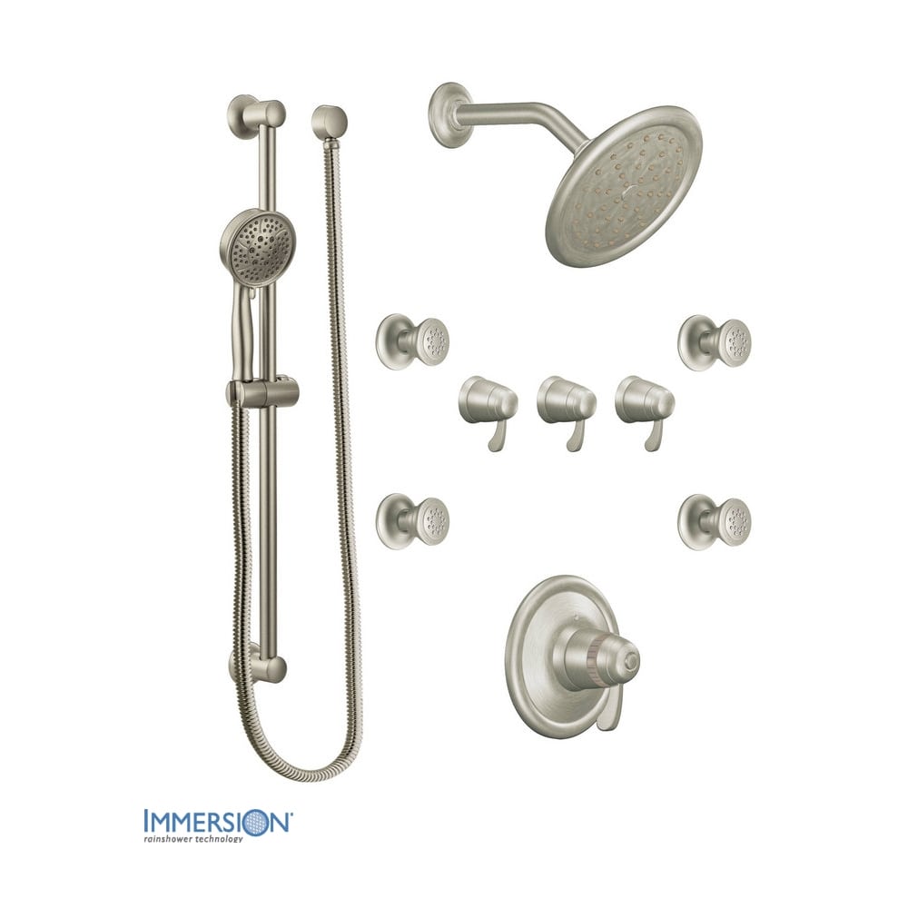 Moen Thermostatic Shower System with Rain Shower, 3 Volume Controls, 4 Body Sprays, and Hand Shower with Slide Bar (Valves Included) Brushed Nickel