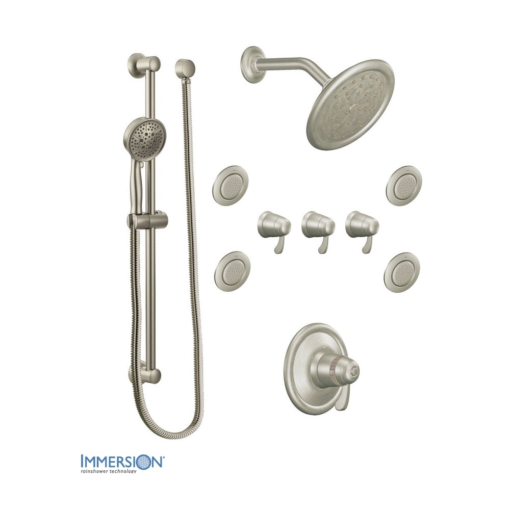 Moen Thermostatic Shower System with Rain Shower, 3 Volume Controls, 4 Body Sprays, and Hand Shower with Slide Bar (Valves Included) Brushed Nickel