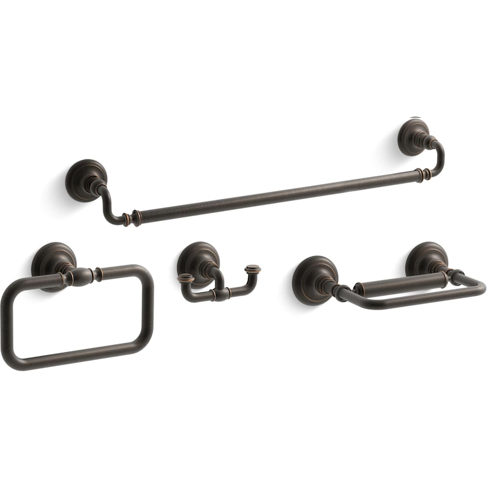 Artifacts 24" Towel Bar, Towel Ring, Pivoting Toilet Paper Holder, and Double Post Robe Hook Bundle
