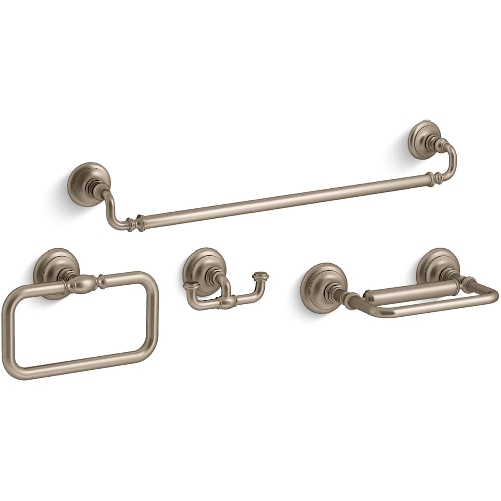 Artifacts 24" Towel Bar, Towel Ring, Pivoting Toilet Paper Holder, and Double Post Robe Hook Bundle