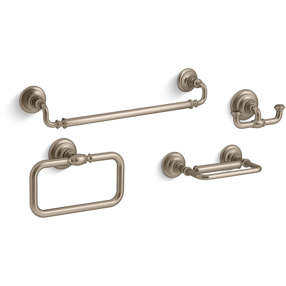Artifacts 18" Towel Bar, Towel Ring, Pivoting Toilet Paper Holder, and Double Post Robe Hook Bundle