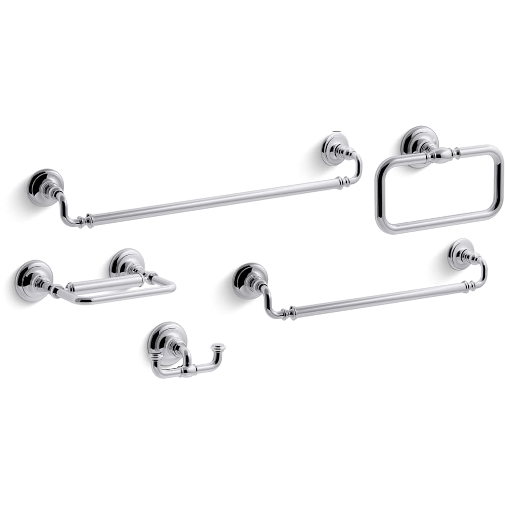 Artifacts 24" Towel Bar, 18" Towel Bar, Towel Ring, Pivoting Toilet Paper Holder, and Double Post Robe Hook Bundle
