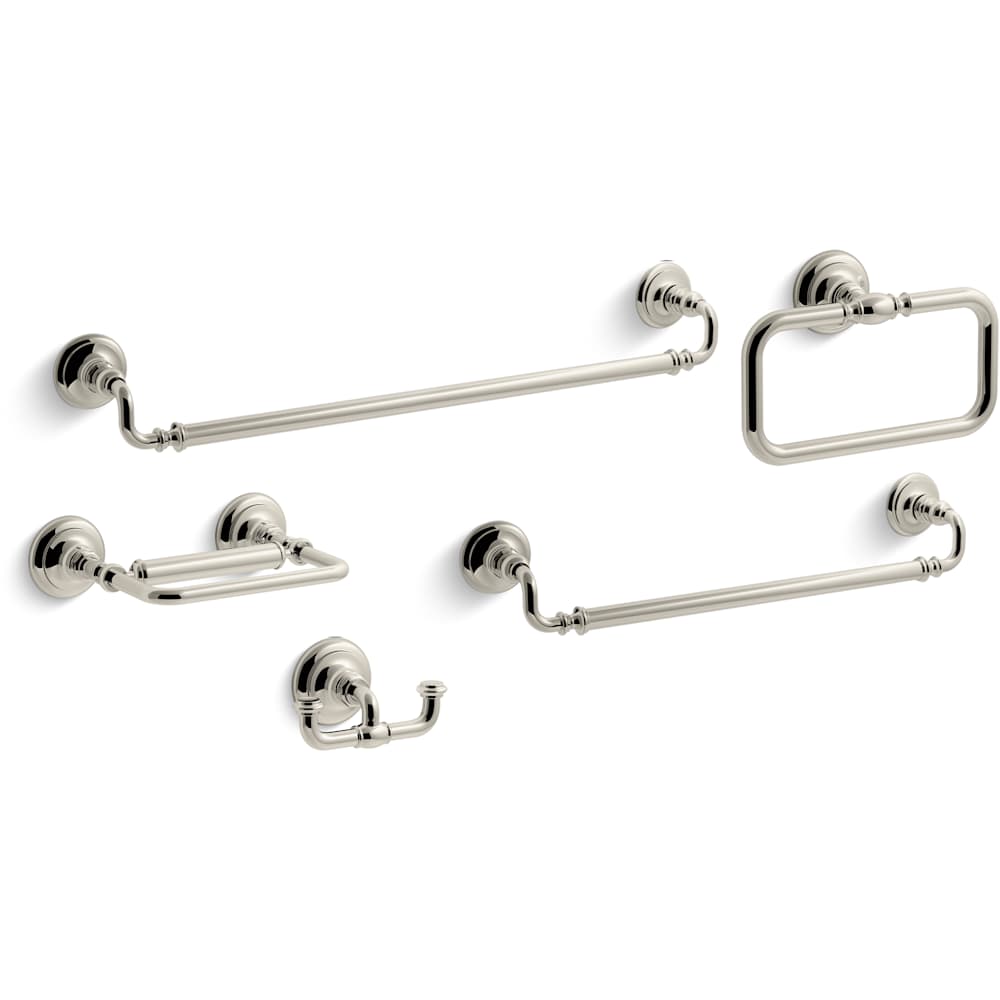 Artifacts 24" Towel Bar, 18" Towel Bar, Towel Ring, Pivoting Toilet Paper Holder, and Double Post Robe Hook Bundle