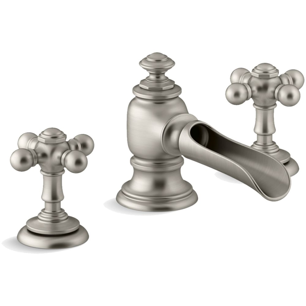 Artifacts Widespread Bathroom Faucet with Flume Spout and Cross Handles - Includes Metal Pop-Up Drain Assembly