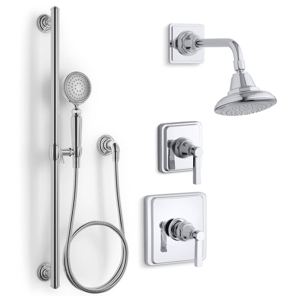 Pinstripe Pressure Balanced Shower System with Shower Head, Hand Shower, Valve Trim, and Shower Arm