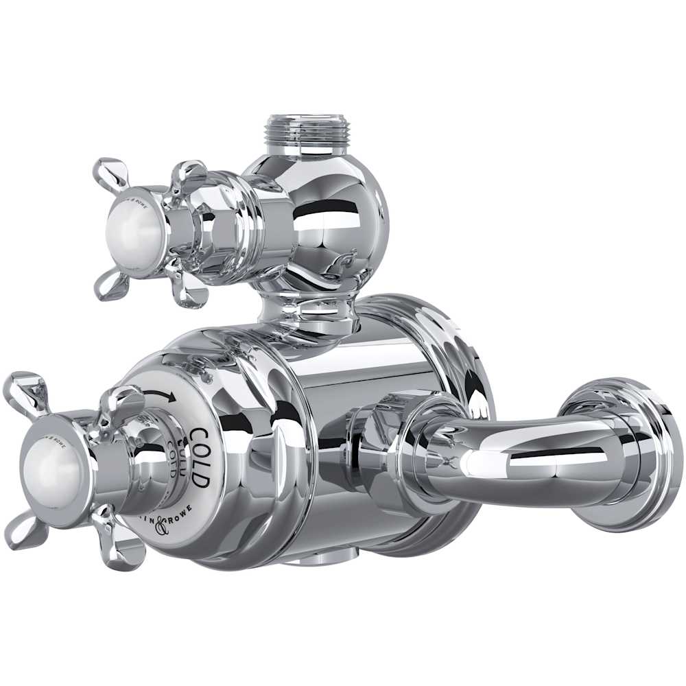 Edwardian Two Function Thermostatic Valve Trim with Dual Cross Handles, Integrated Diverter, and Volume Control