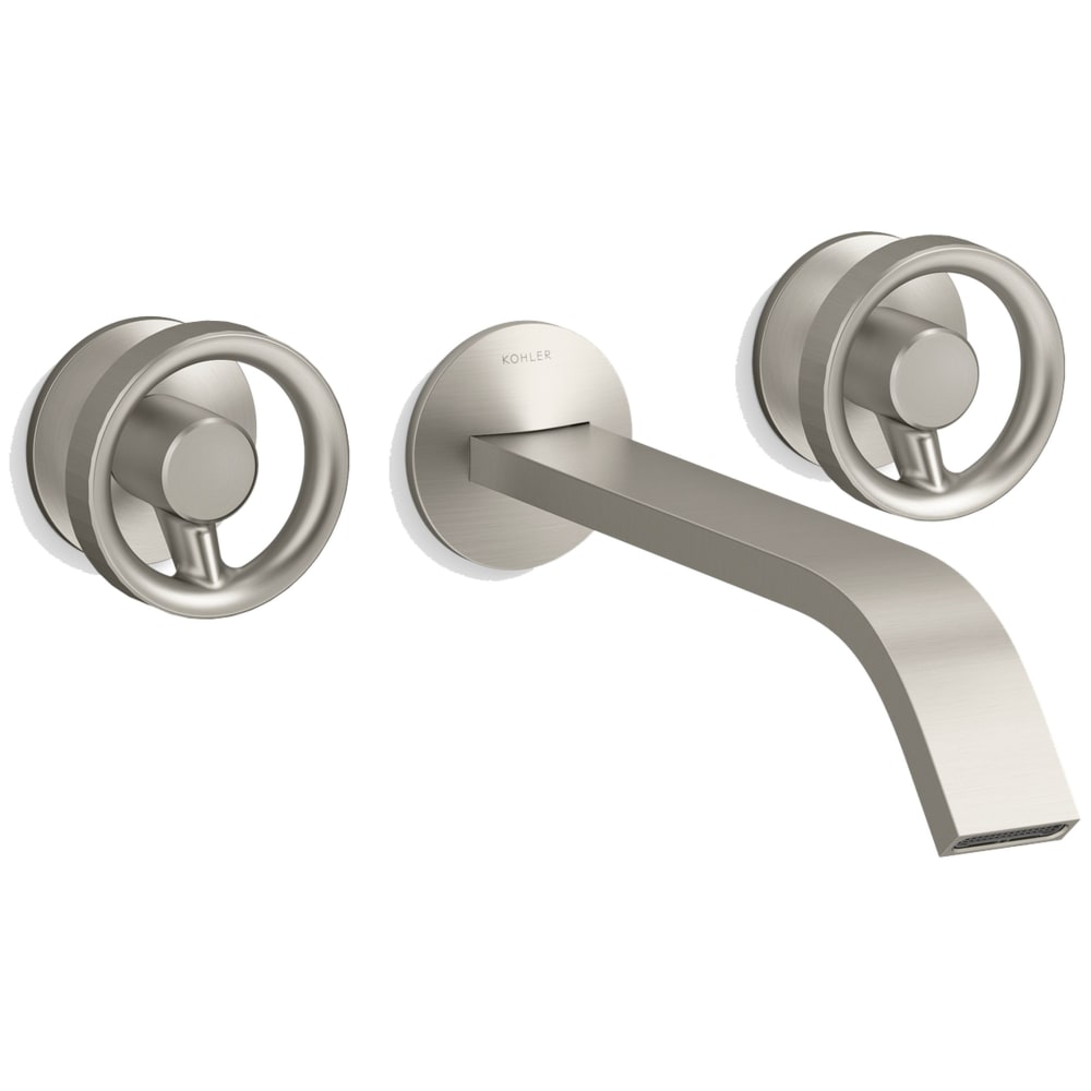 Components Double Handle Wall-Mount Bathroom Sink Faucet with Ribbon Spout and Industrial Handles - Includes Rough-In Valve