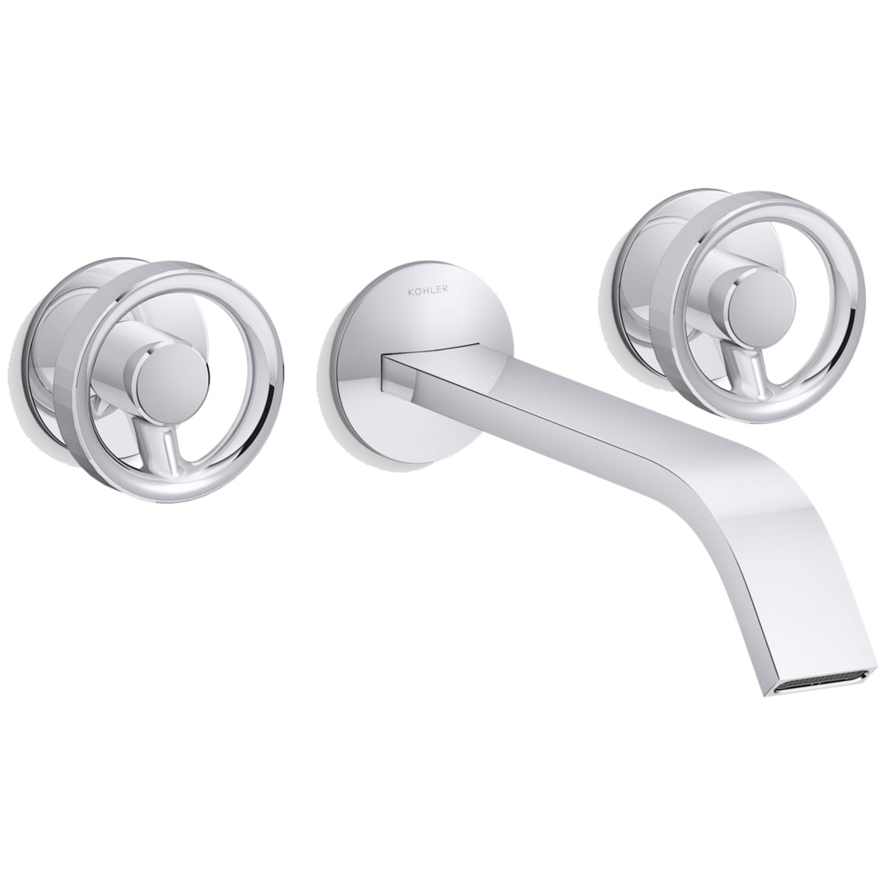 Components Double Handle Wall-Mount Bathroom Sink Faucet with Ribbon Spout and Industrial Handles - Includes Rough-In Valve