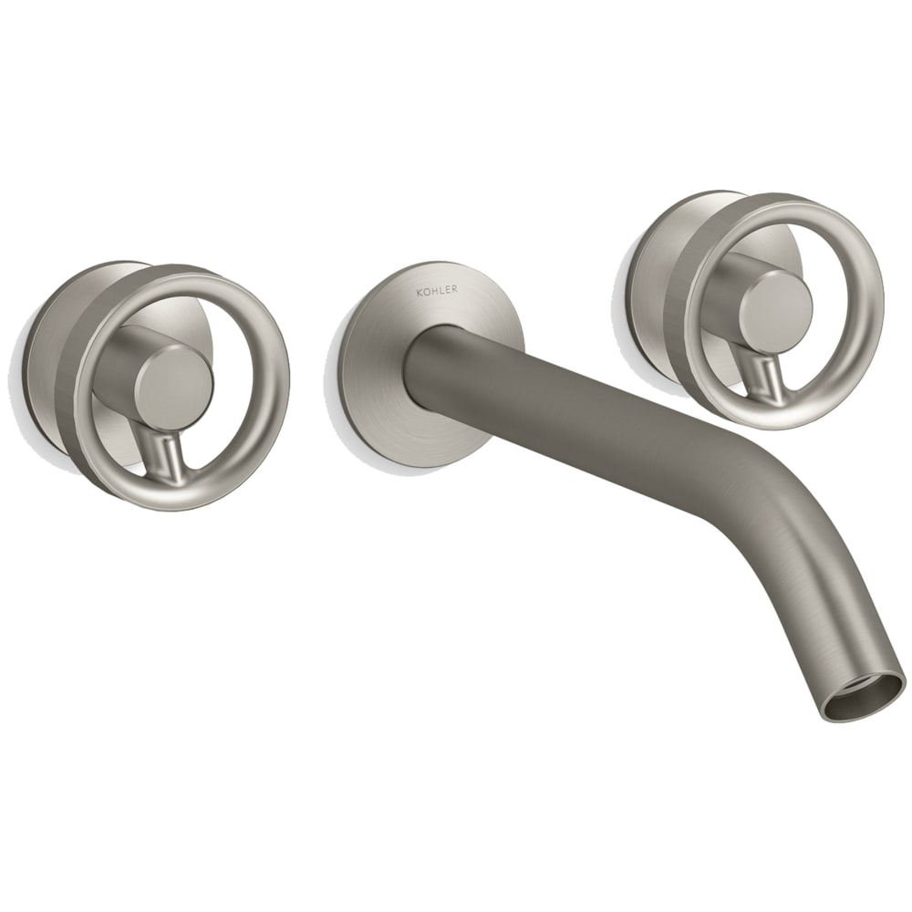 Components Double Handle Wall-Mount Bathroom Sink Faucet with Tube Spout and Industrial Handles - Includes Rough-In Valve
