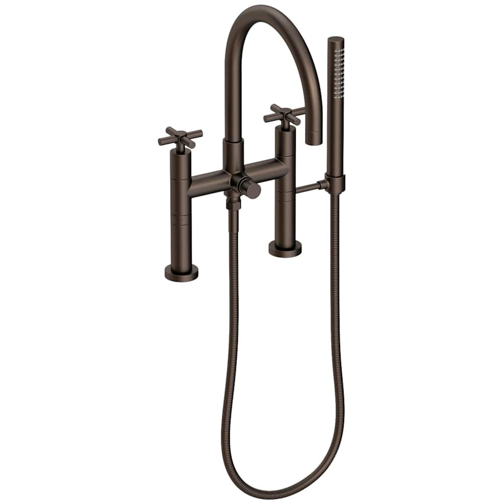 East Linear Deck Mounted Tub Filler with Cross Handles and Built-In Diverter - Includes Hand Shower