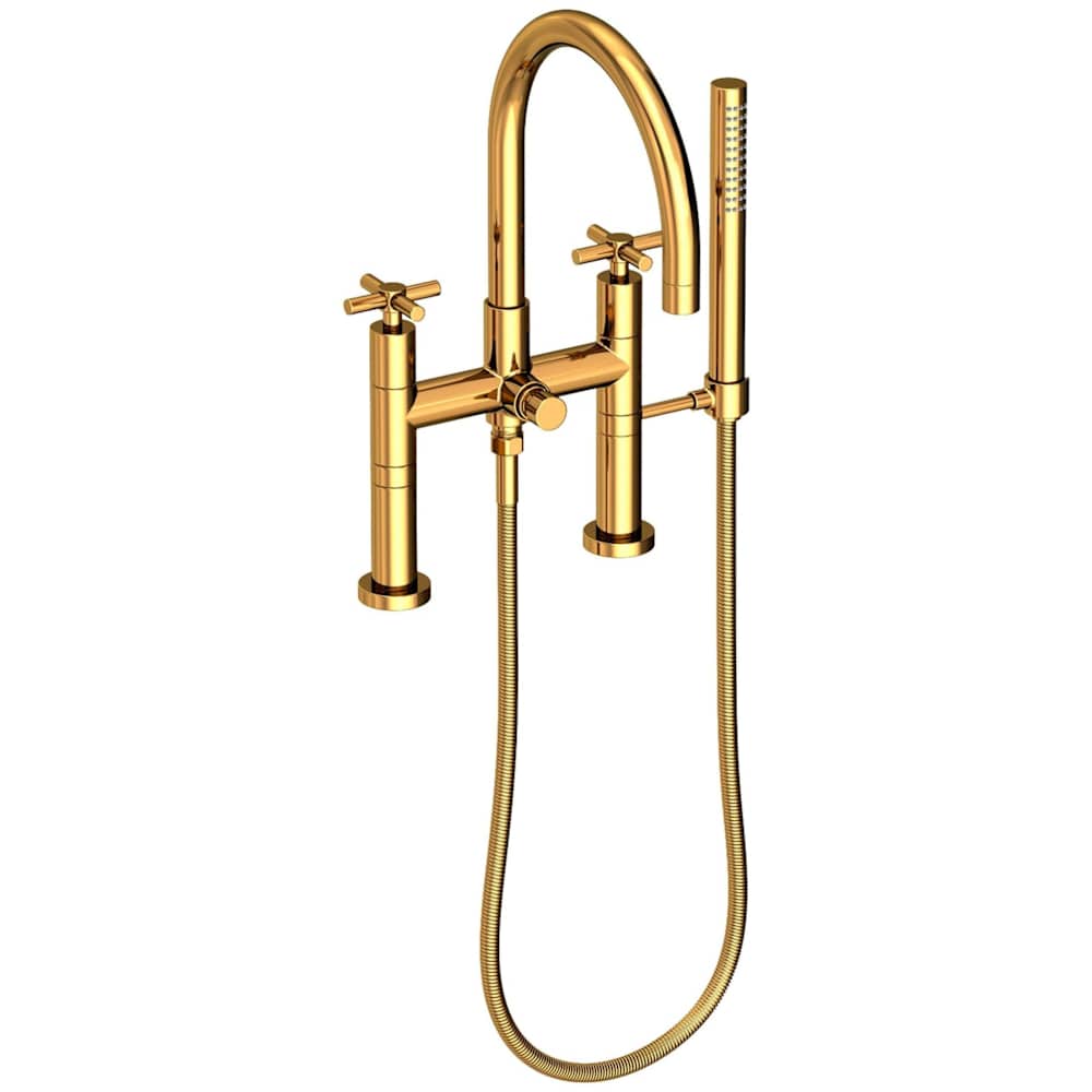 East Linear Deck Mounted Tub Filler with Cross Handles and Built-In Diverter - Includes Hand Shower
