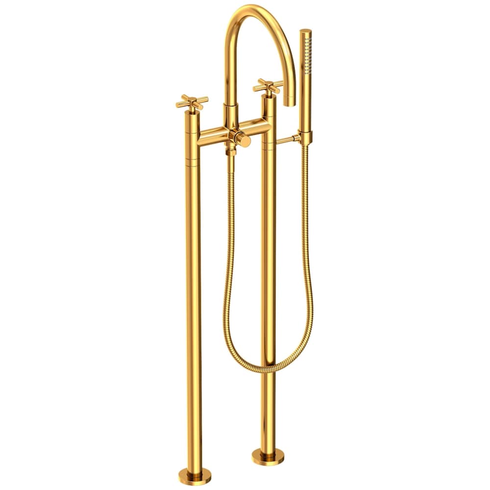 East Linear Floor Mounted Tub Filler with Cross Handles and Built-In Diverter - Includes Hand Shower