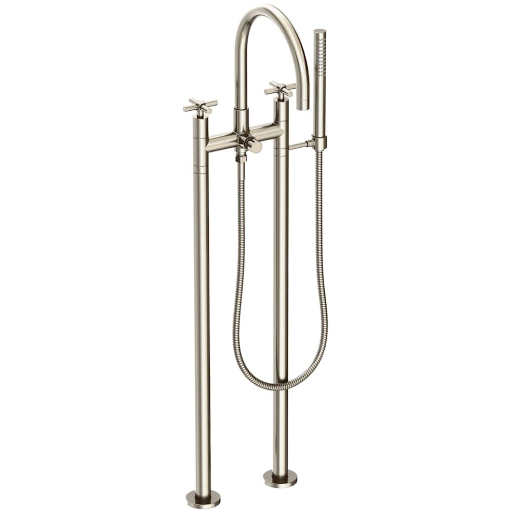 East Linear Floor Mounted Tub Filler with Cross Handles and Built-In Diverter - Includes Hand Shower