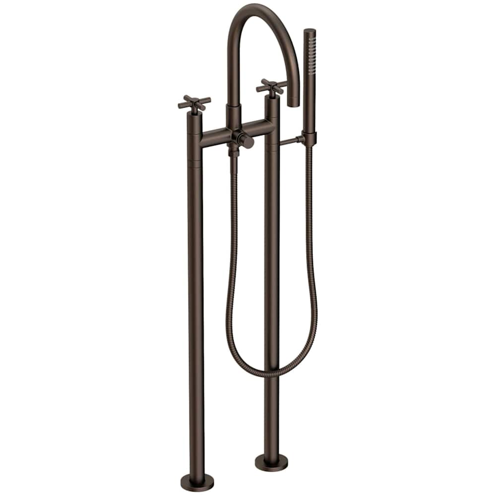 East Linear Floor Mounted Tub Filler with Cross Handles and Built-In Diverter - Includes Hand Shower
