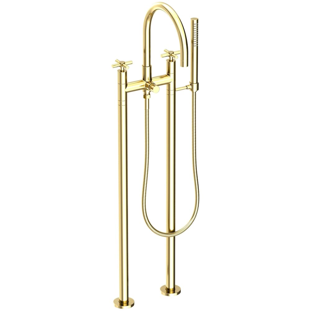 East Linear Floor Mounted Tub Filler with Cross Handles and Built-In Diverter - Includes Hand Shower