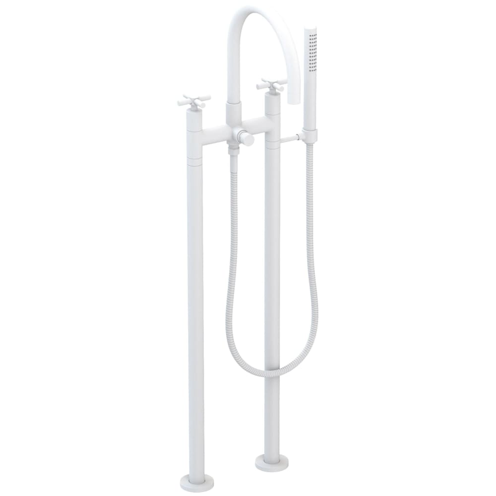 East Linear Floor Mounted Tub Filler with Cross Handles and Built-In Diverter - Includes Hand Shower