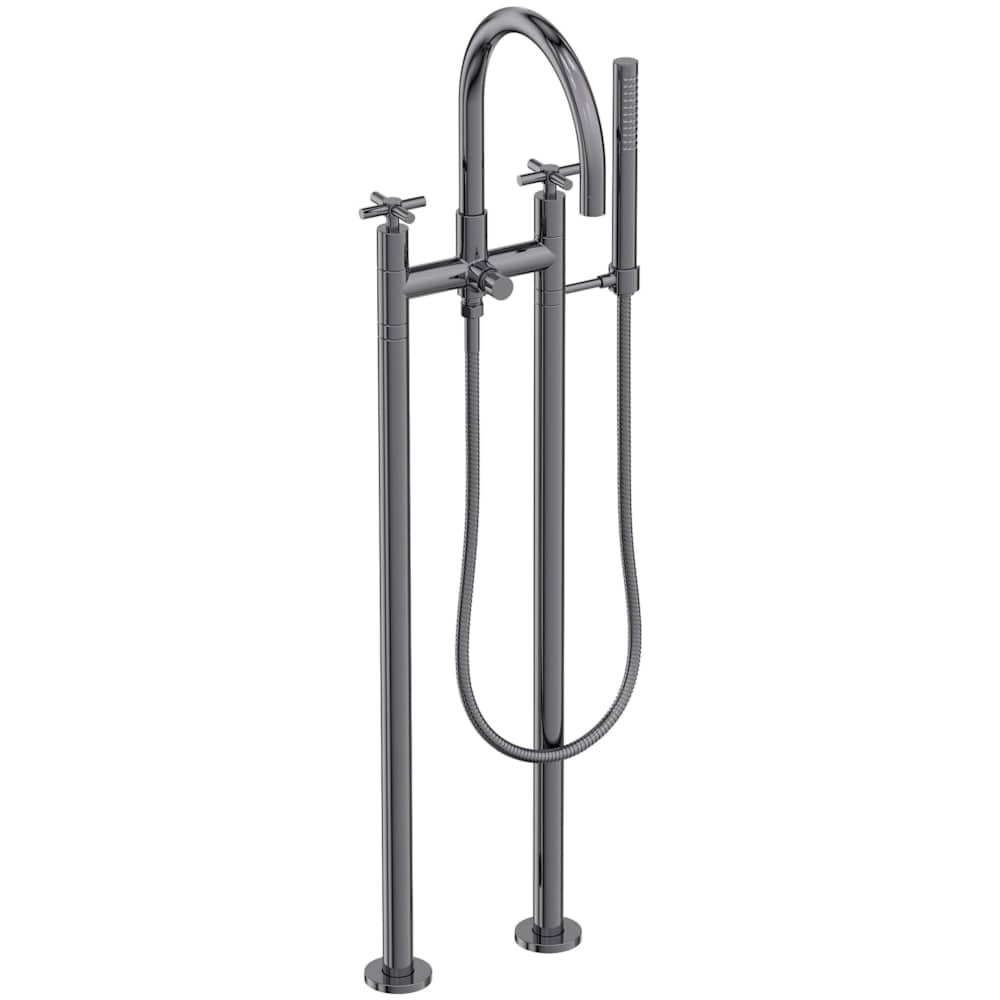 East Linear Floor Mounted Tub Filler with Cross Handles and Built-In Diverter - Includes Hand Shower