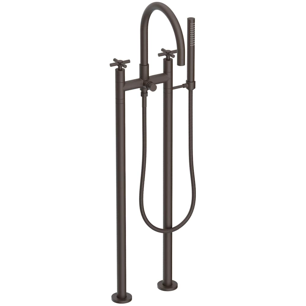 East Linear Floor Mounted Tub Filler with Cross Handles and Built-In Diverter - Includes Hand Shower