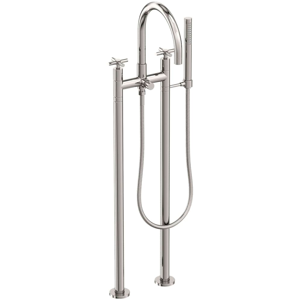 East Linear Floor Mounted Tub Filler with Cross Handles and Built-In Diverter - Includes Hand Shower