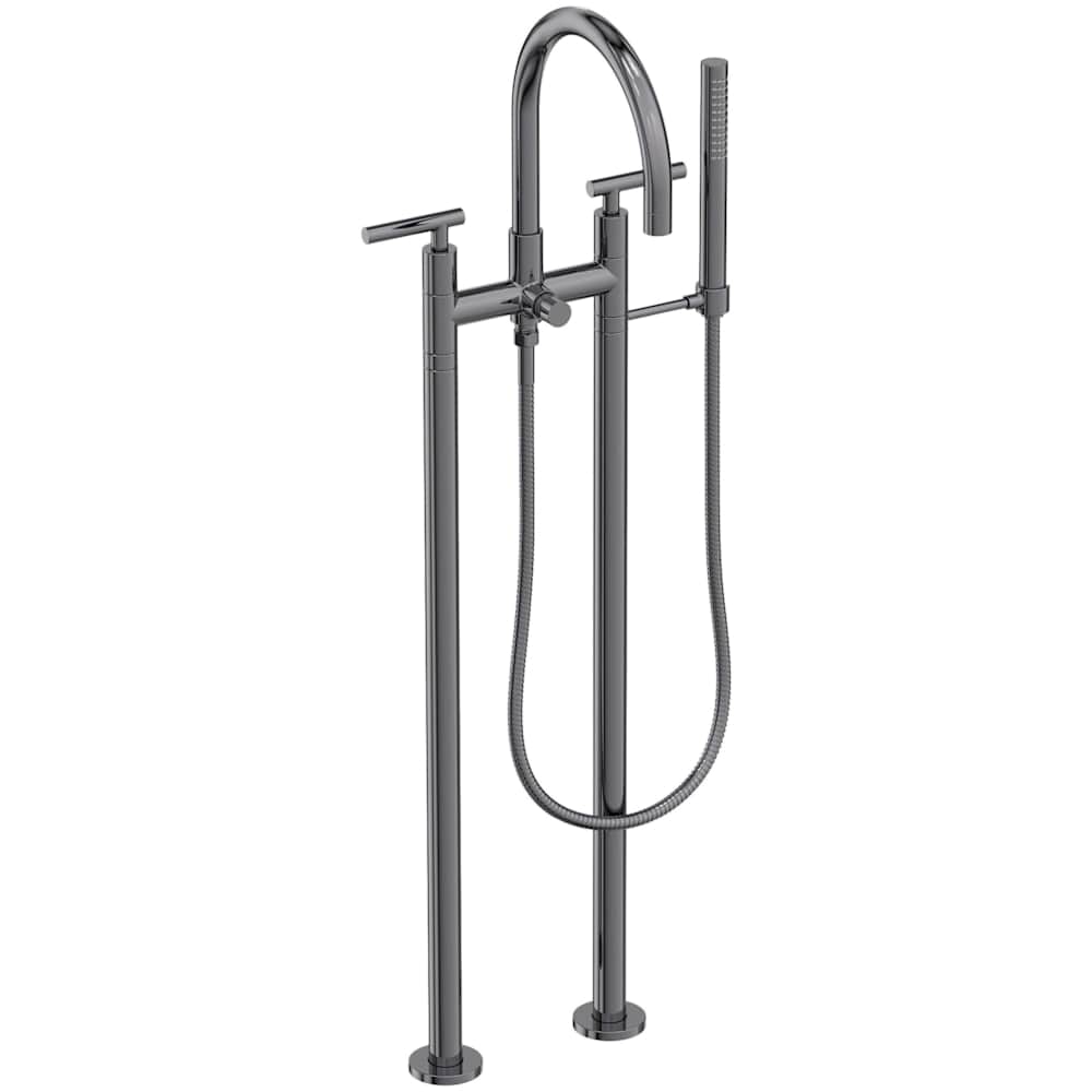 East Linear Floor Mounted Tub Filler with Lever Handles and Built-In Diverter - Includes Hand Shower