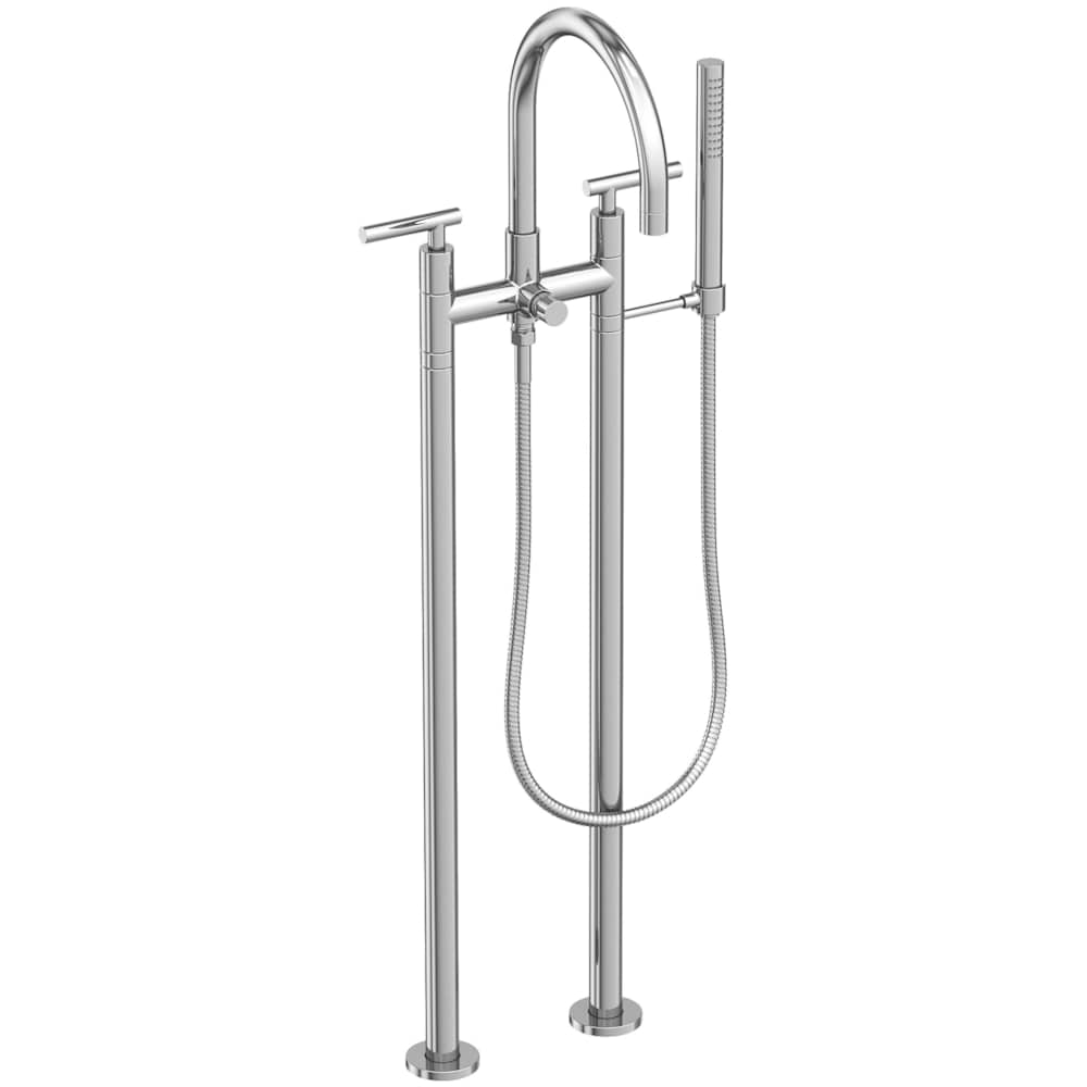 East Linear Floor Mounted Tub Filler with Lever Handles and Built-In Diverter - Includes Hand Shower
