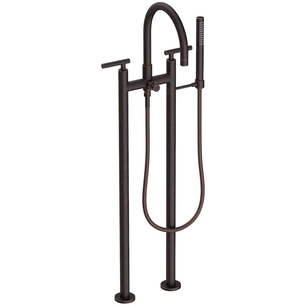 East Linear Floor Mounted Tub Filler with Lever Handles and Built-In Diverter - Includes Hand Shower