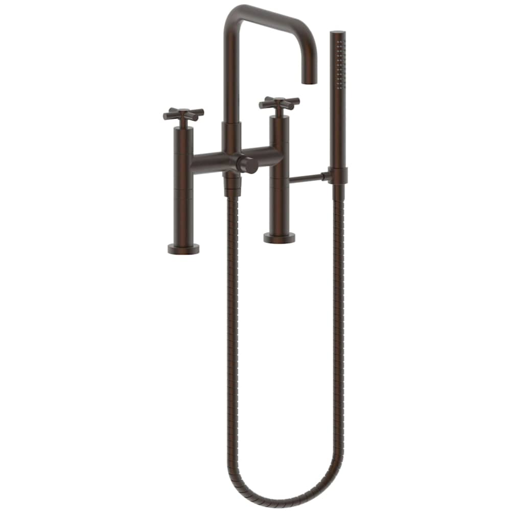 East Square Deck Mounted Tub Filler with Cross Handles and Built-In Diverter - Includes Hand Shower