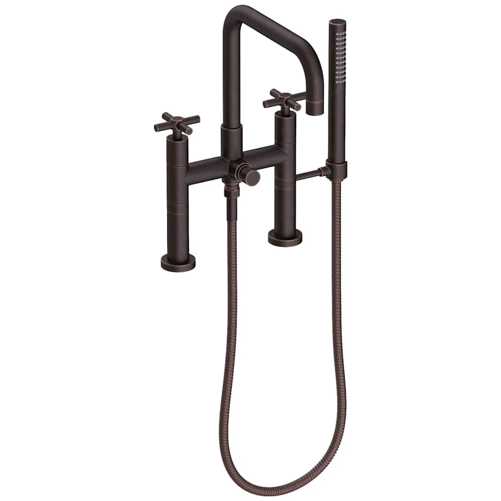 East Square Deck Mounted Tub Filler with Cross Handles and Built-In Diverter - Includes Hand Shower