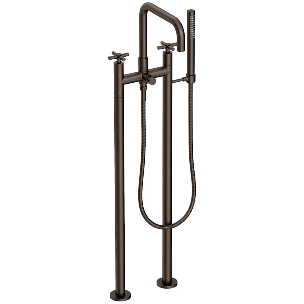 East Square Floor Mounted Tub Filler with Cross Handles and Built-In Diverter - Includes Hand Shower