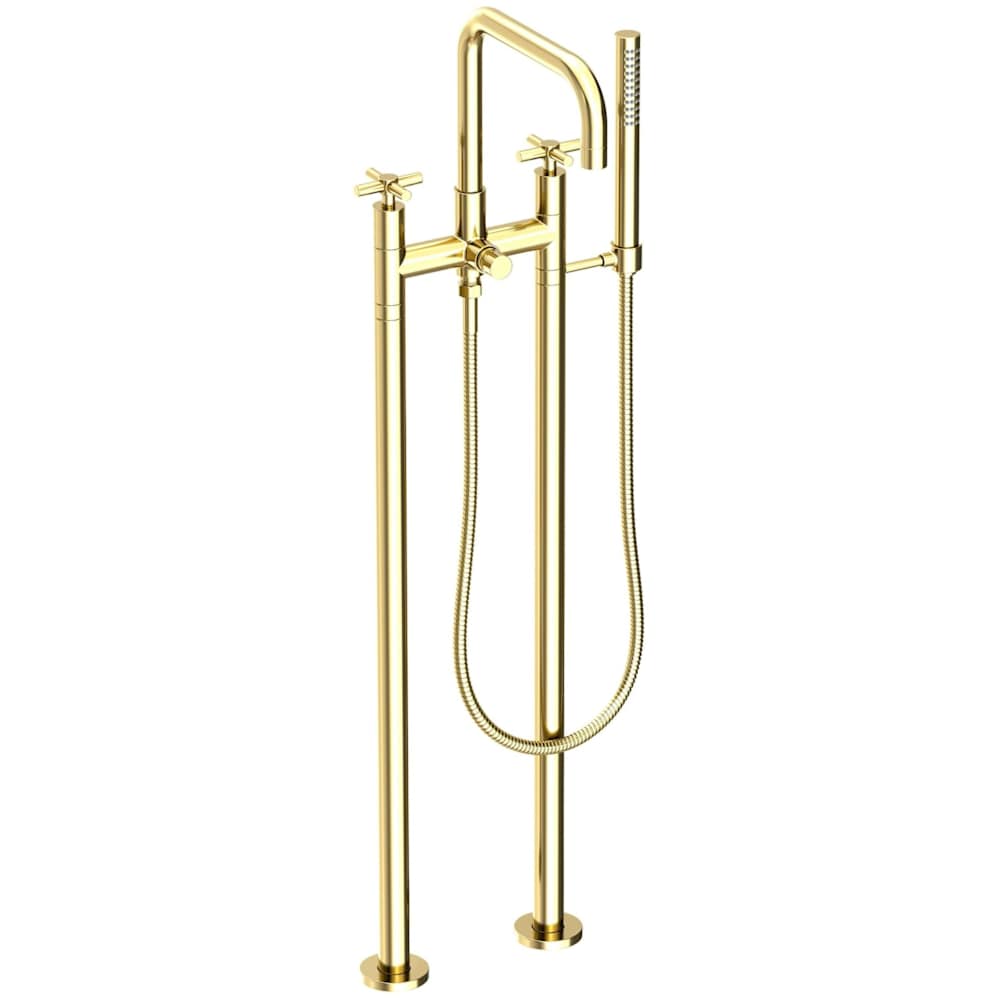 East Square Floor Mounted Tub Filler with Cross Handles and Built-In Diverter - Includes Hand Shower