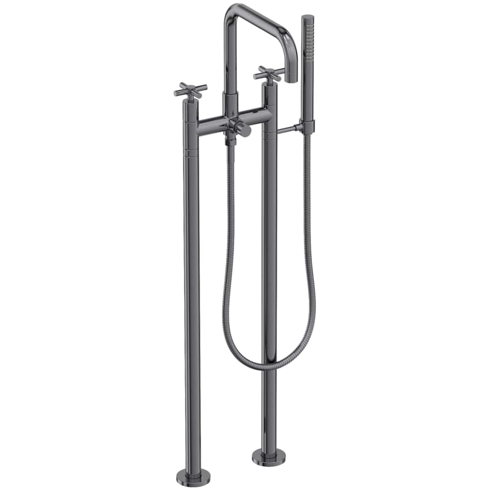 East Square Floor Mounted Tub Filler with Cross Handles and Built-In Diverter - Includes Hand Shower