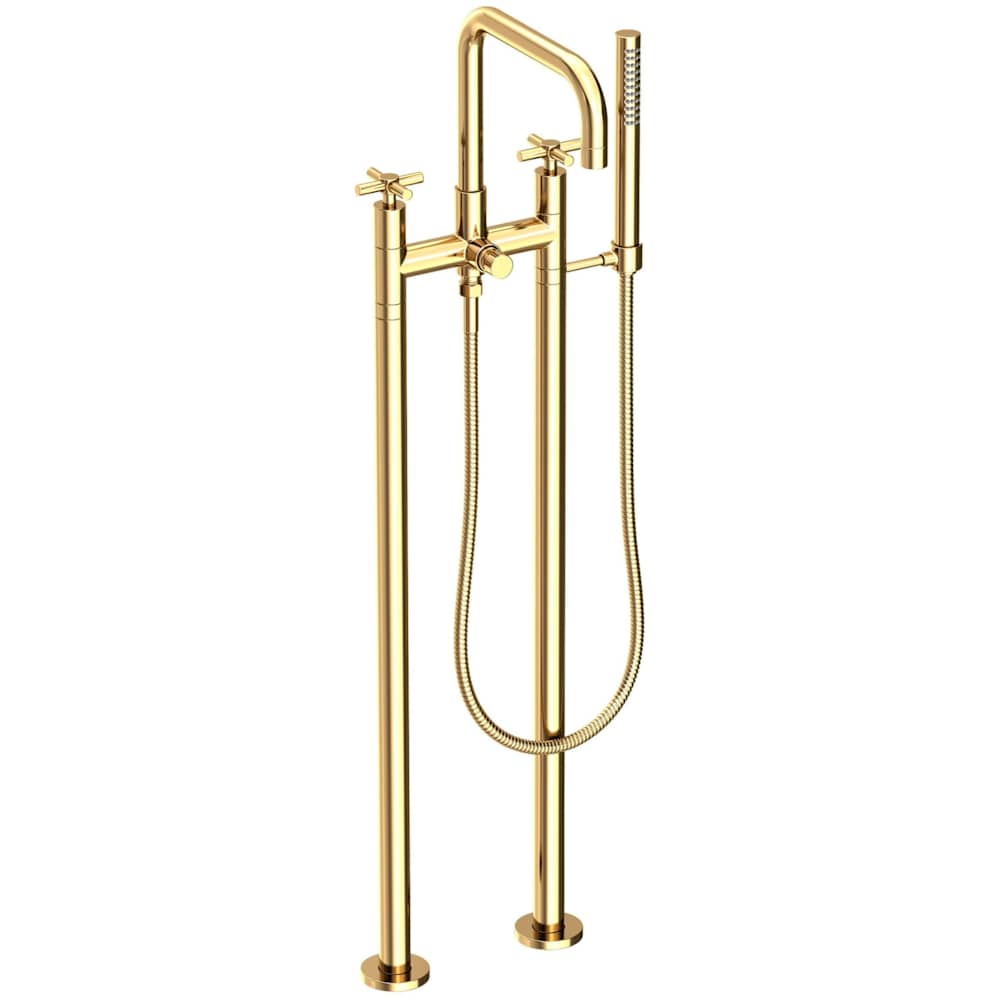 East Square Floor Mounted Tub Filler with Cross Handles and Built-In Diverter - Includes Hand Shower