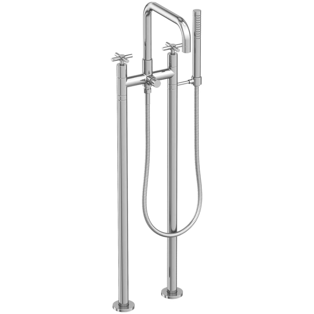 East Square Floor Mounted Tub Filler with Cross Handles and Built-In Diverter - Includes Hand Shower