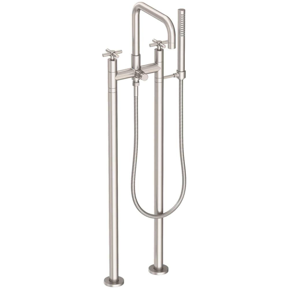East Square Floor Mounted Tub Filler with Cross Handles and Built-In Diverter - Includes Hand Shower