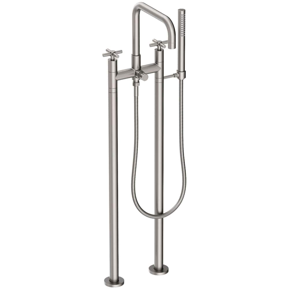 East Square Floor Mounted Tub Filler with Cross Handles and Built-In Diverter - Includes Hand Shower