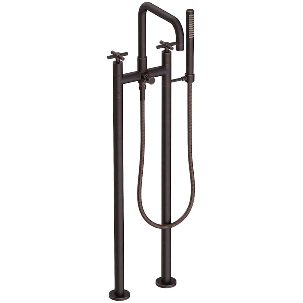 East Square Floor Mounted Tub Filler with Cross Handles and Built-In Diverter - Includes Hand Shower